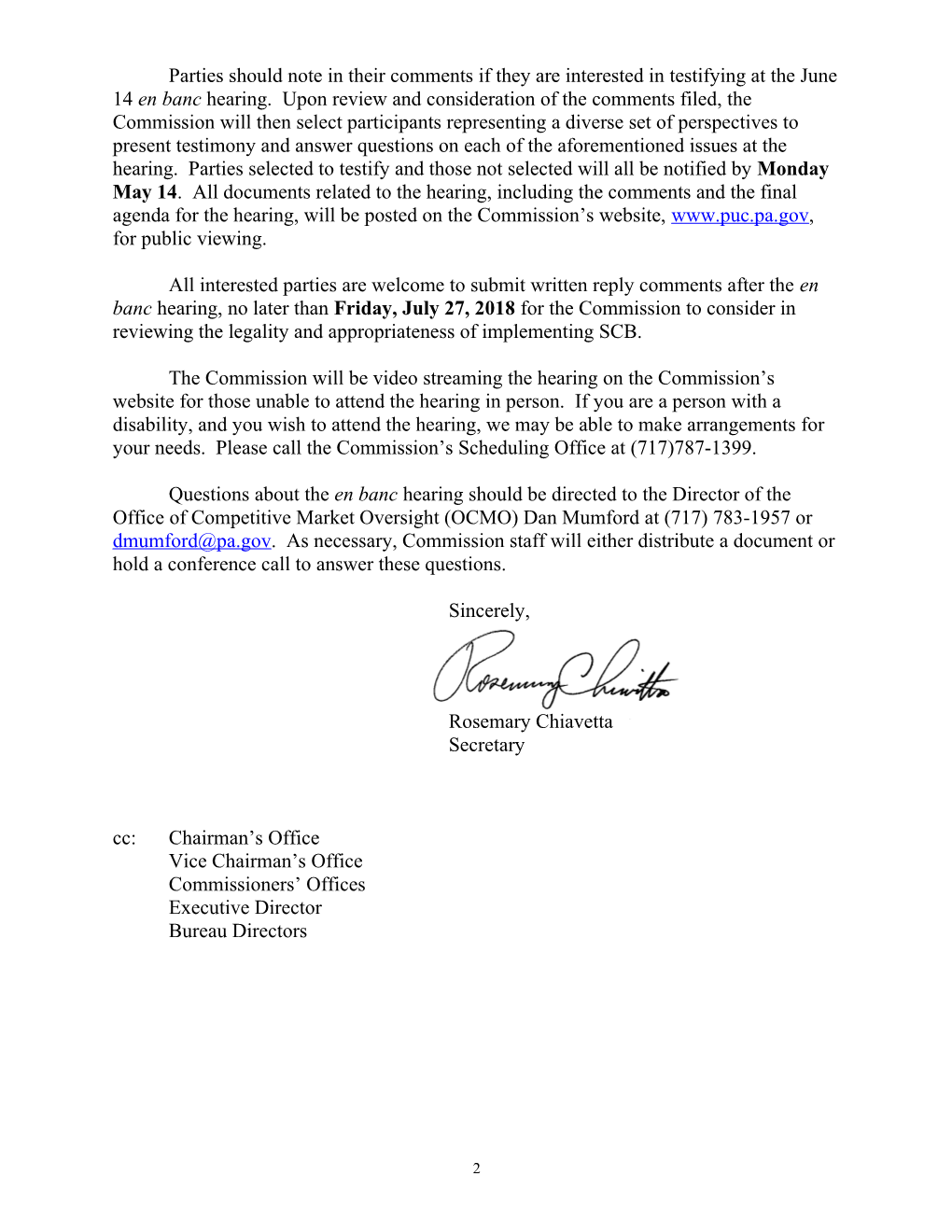 Re:Notice of En Banc Hearing on Implementation of Supplier Consolidated Billing