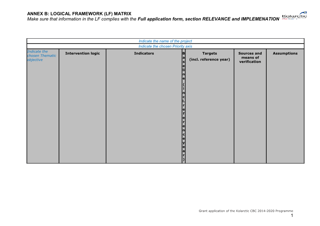 Annex B: Logical Framework (Lf) Matrix