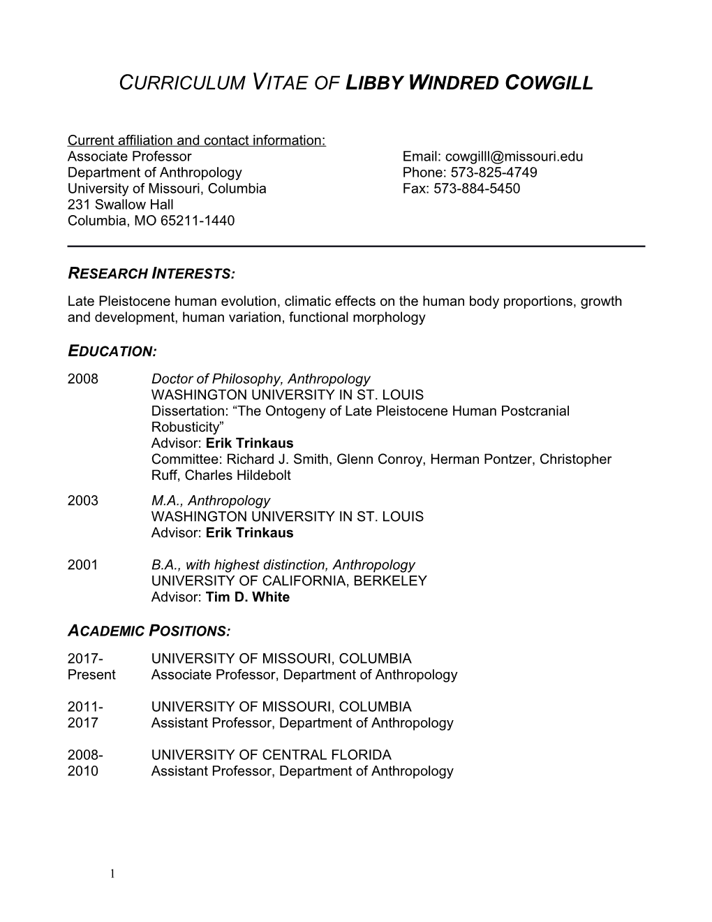 Curriculum Vitae of Libby Windred Cowgill