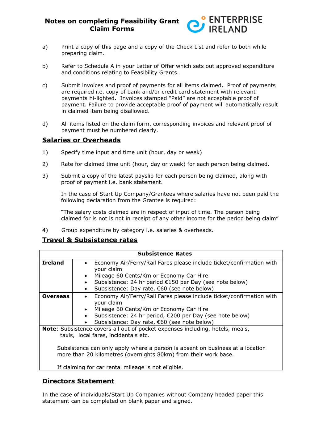 Notes for Completing Feasibility Claim