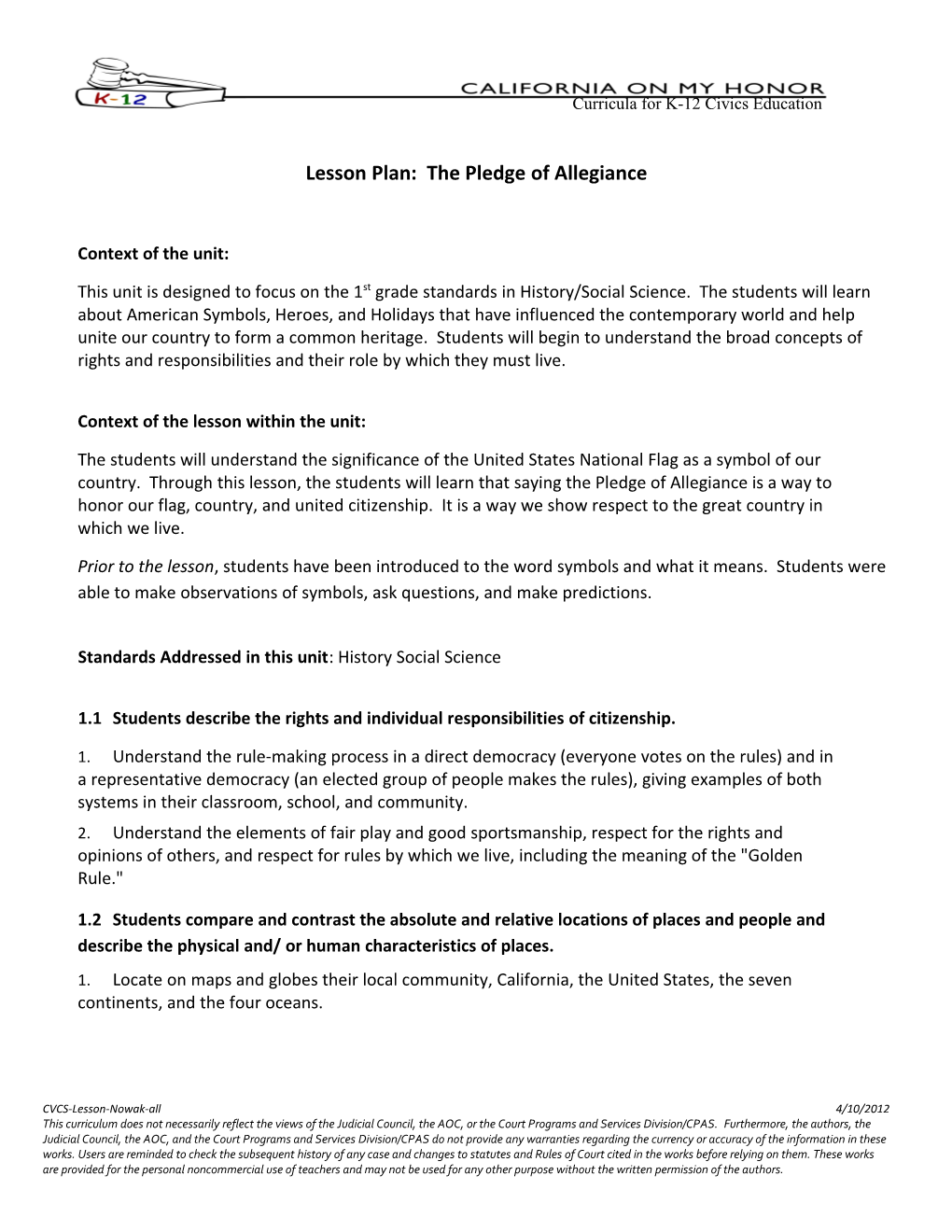 Lesson Plan: the Pledge of Allegiance