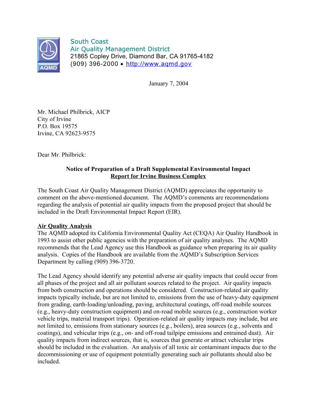 Notice of Preparation of a Draftsupplemental Environmental Impact Report Forirvine Business