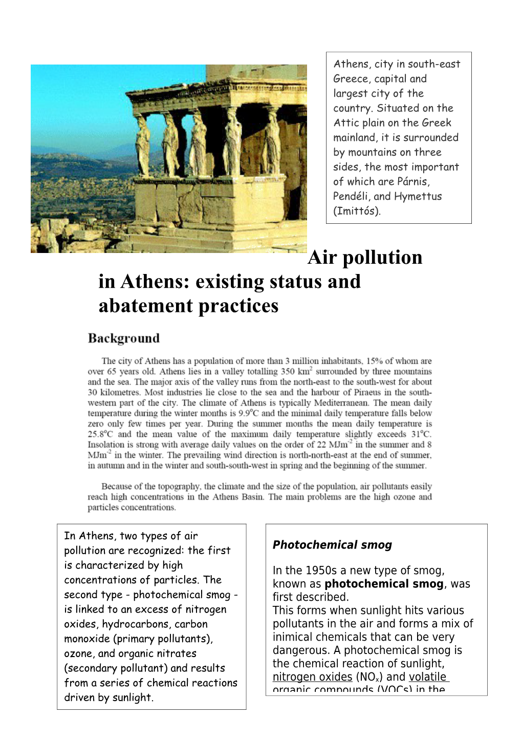 Air Pollution in Athens: Existing Status and Abatement Practices