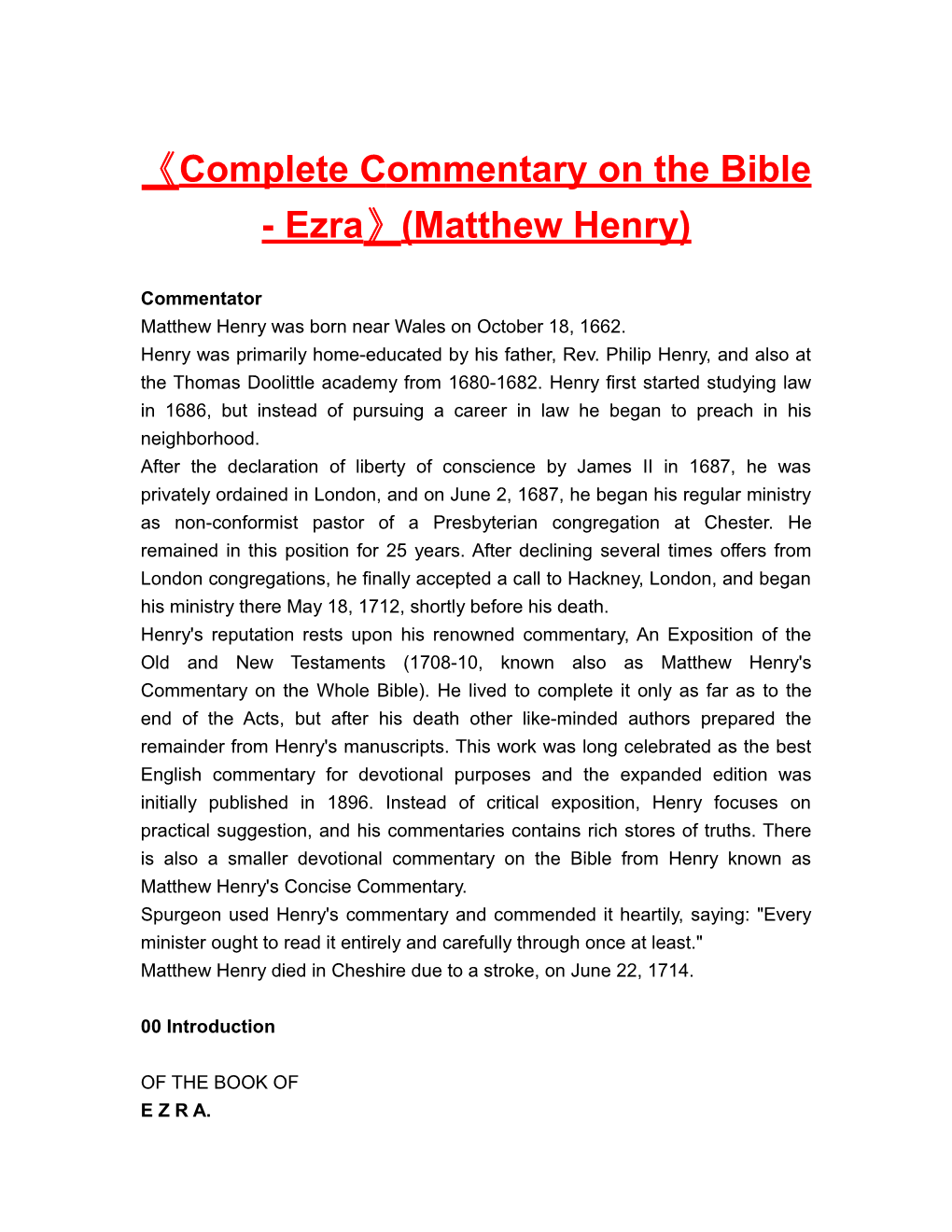 Complete Commentary on the Bible - Ezra (Matthew Henry)