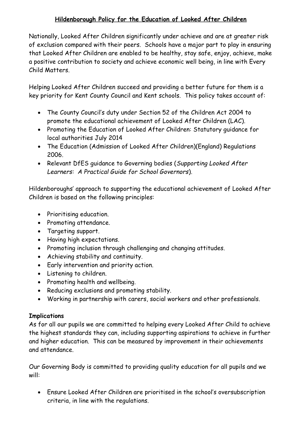 Hildenborough Policy for the Education of Looked After Children