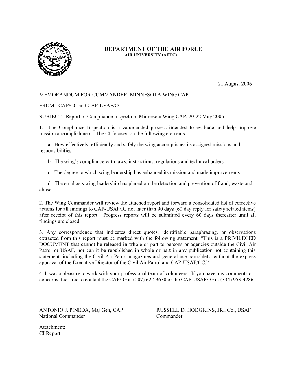 Memorandum for Commander, Minnesota Wing Cap