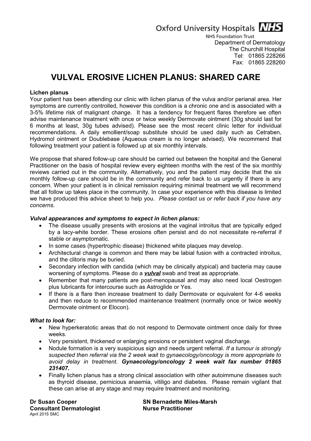 Vulval Erosive Lichen Planus: Shared Care