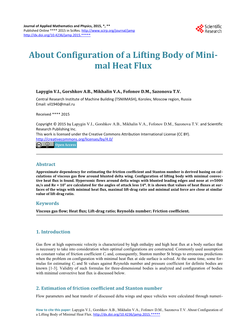 About Configuration of a Lifting Body of Mini-Mal Heat Flux