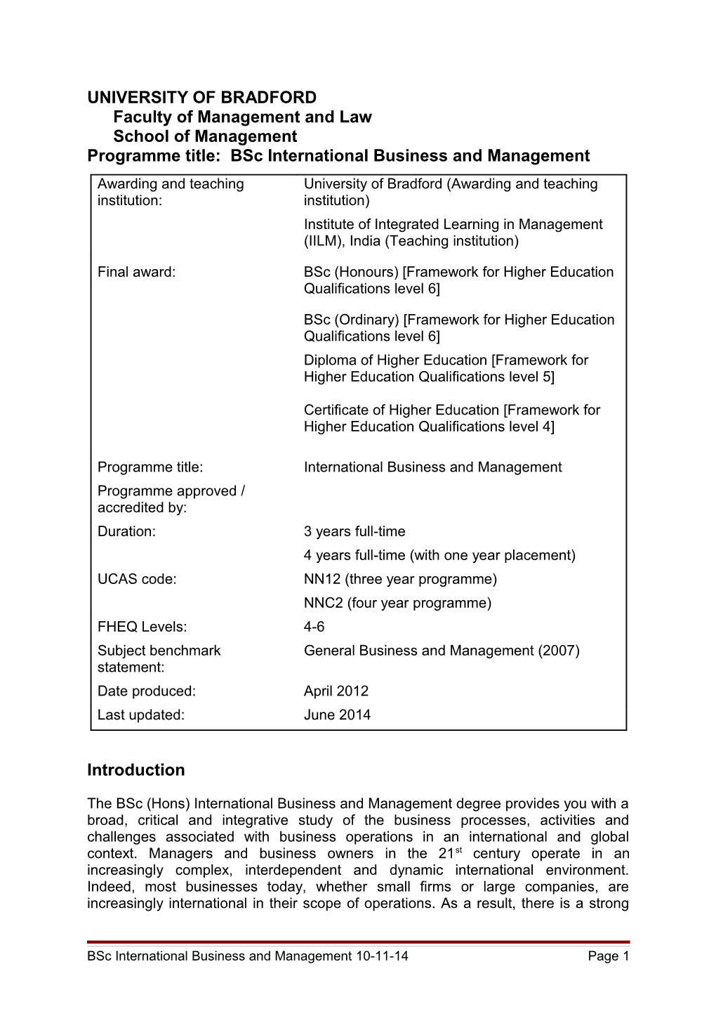 Programme Title: Bsc International Business and Management