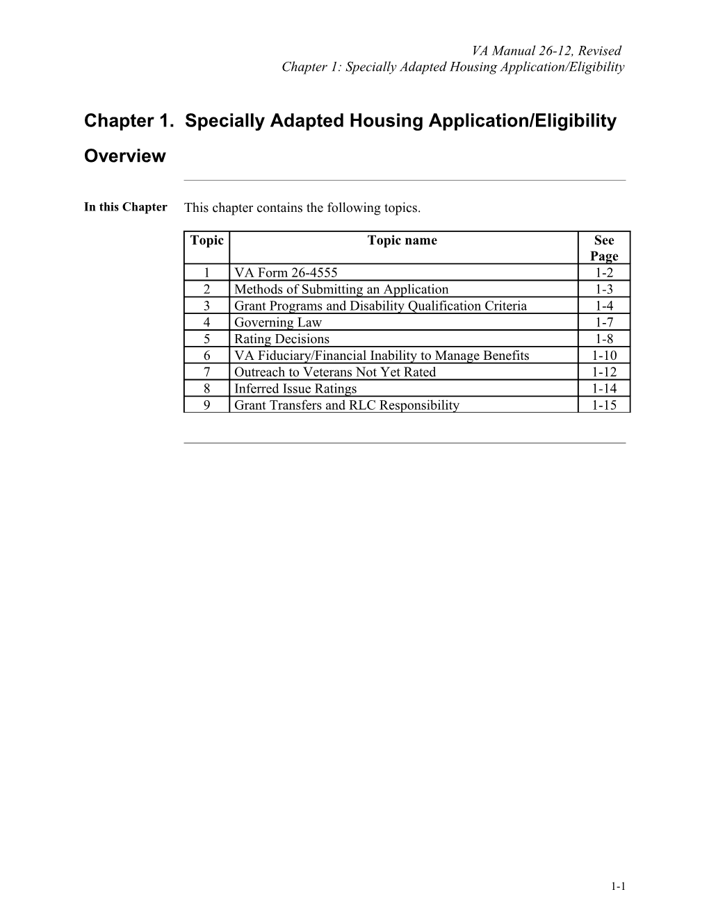 Chapter 1. Specially Adapted Housing Application/Eligibility