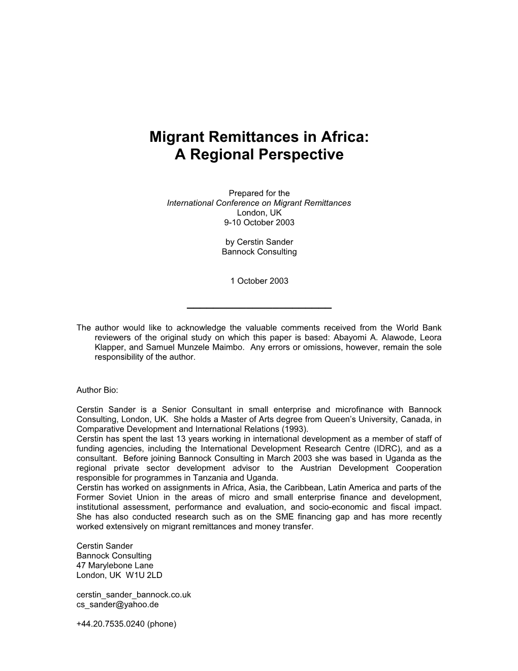 Africa Scoping Study Inception Note (8 May 2003)