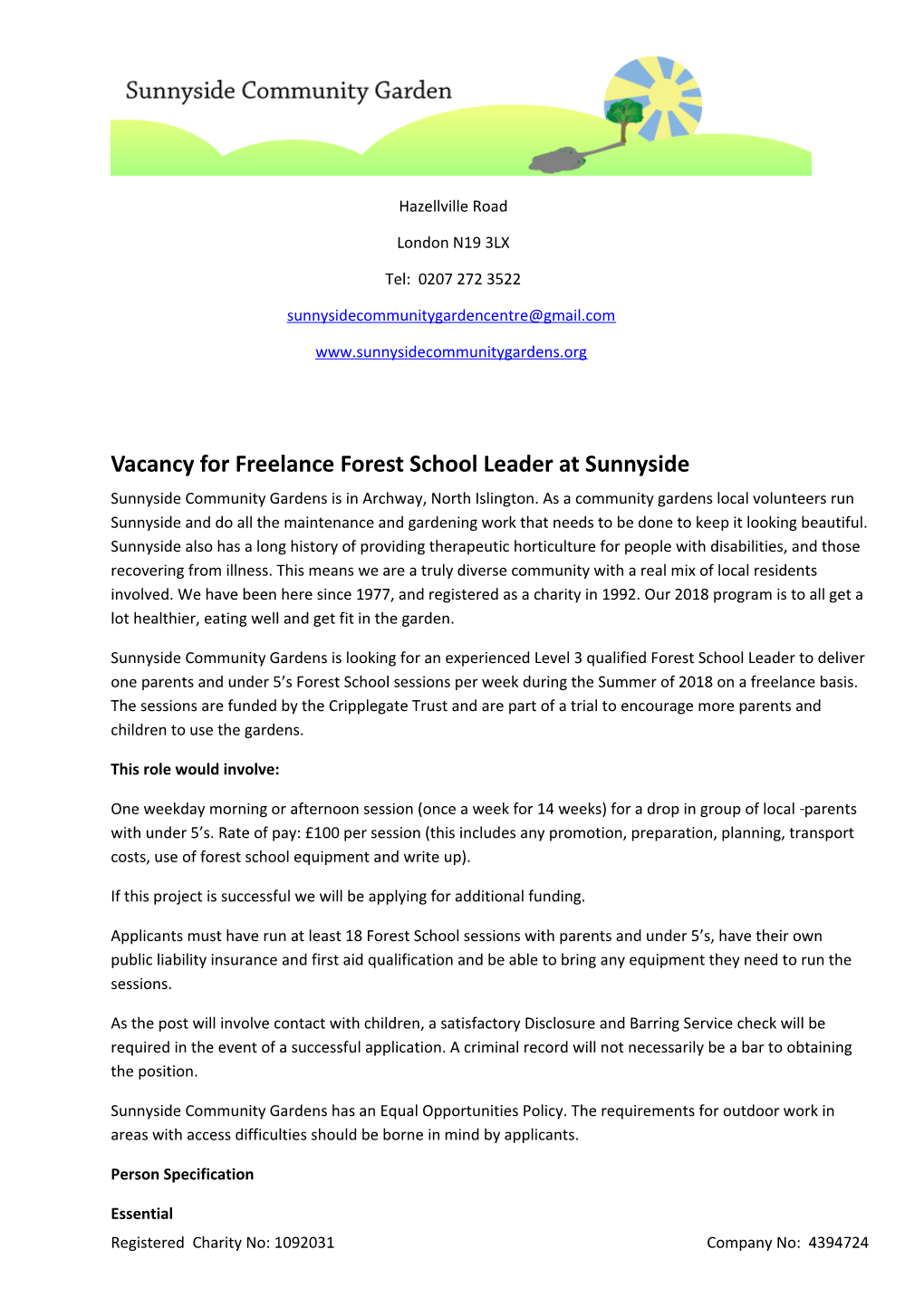 Vacancy for Freelance Forest School Leader at Sunnyside