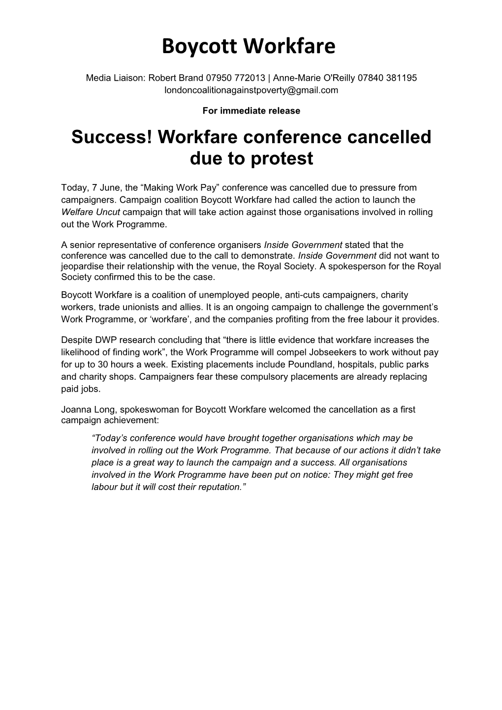 Success! Workfare Conference Cancelled Due to Protest