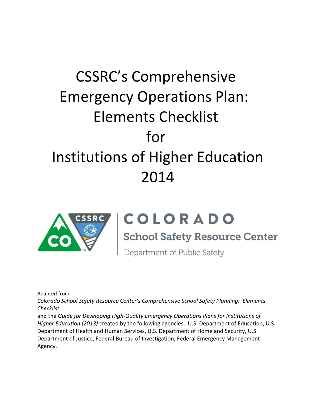 CSSRC S Comprehensive Emergency Operations Plan Checklist for IHE Combined with the Six