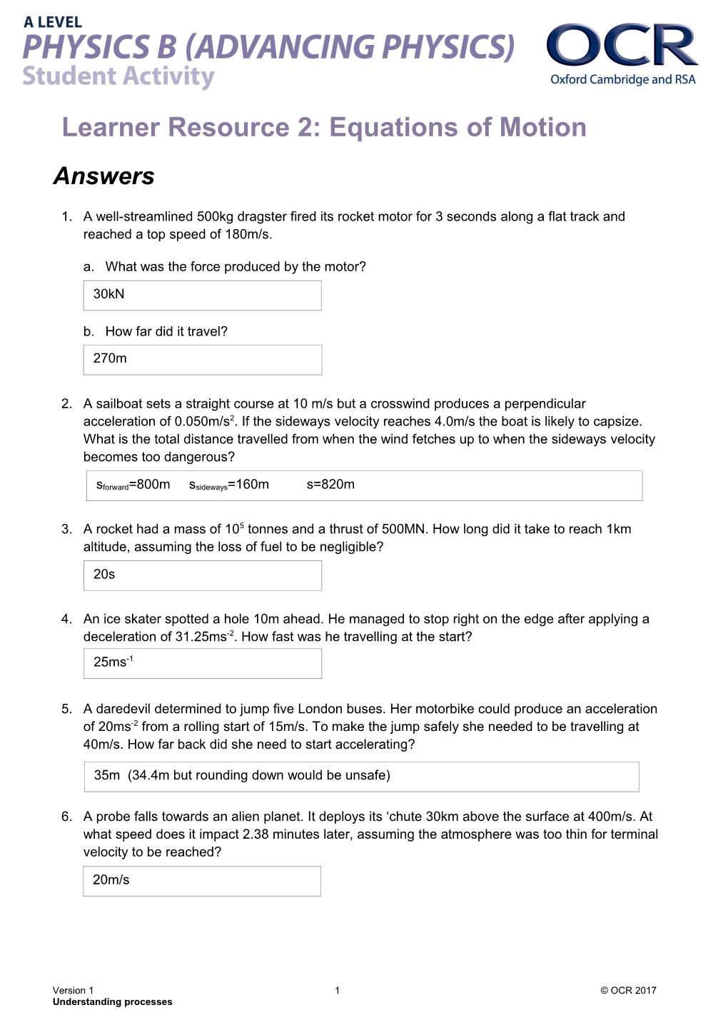 OCR a Level Physics B (Advancing Physics) Learner Resource 2 - Equations of Motion