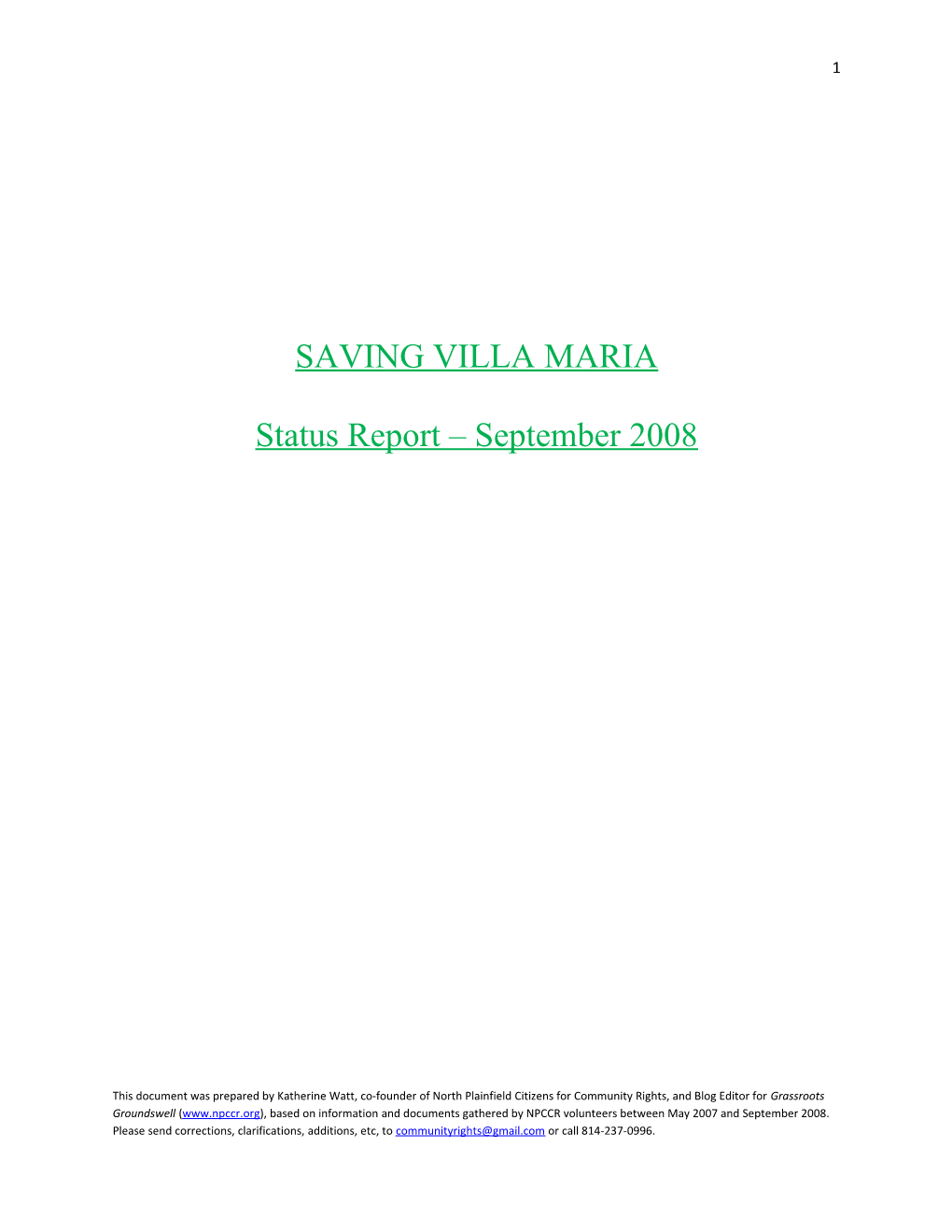 Villa Maria Fact Sheet: Last Updated 9/22/08