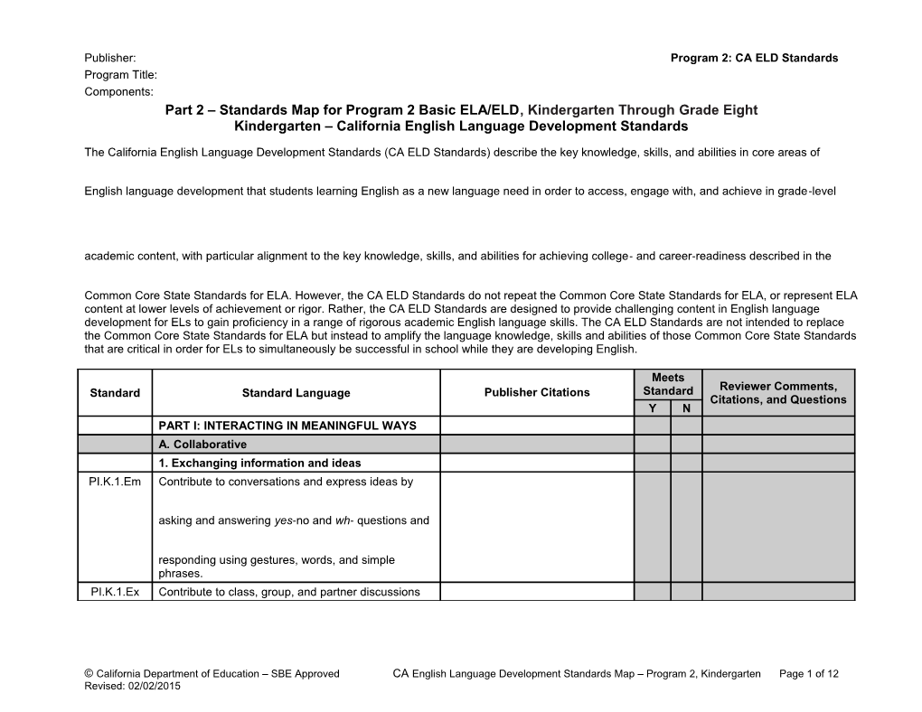 ELD Standards Map, Program 2 Kindergarten - Instructional Materials (CA Dept of Education)