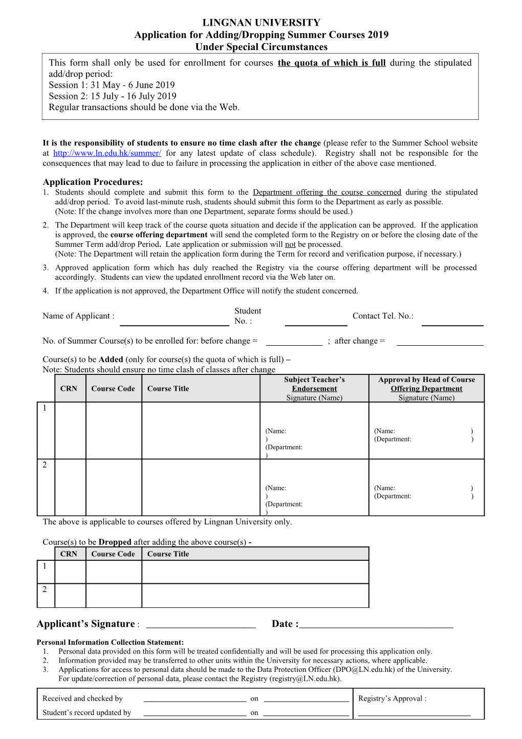 Application for Adding/Dropping Summer Courses 2019