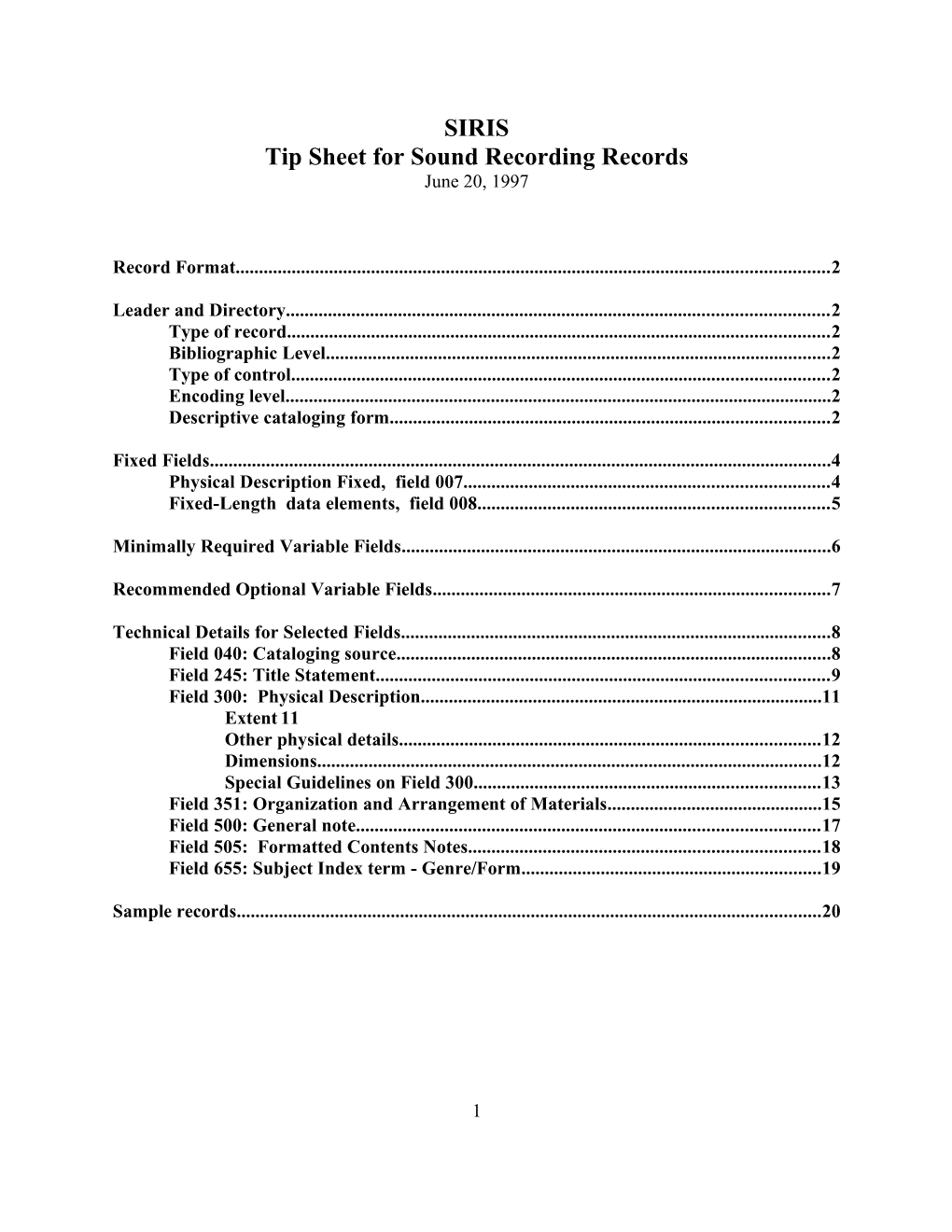 Tip Sheet for Sound Recording Records