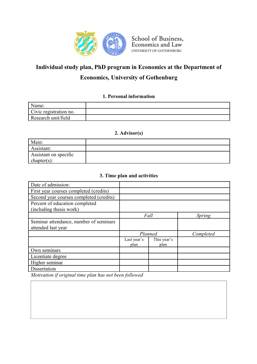 Individual Study Plan, Phd Program in Economics at the Department of Economics, University