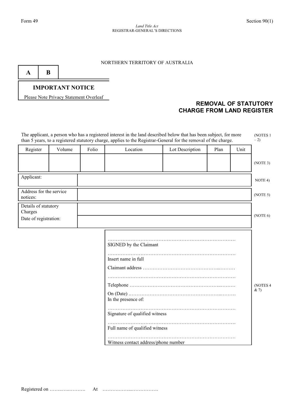 Form No. 49 - Removal of Statutory Charge from Land Register