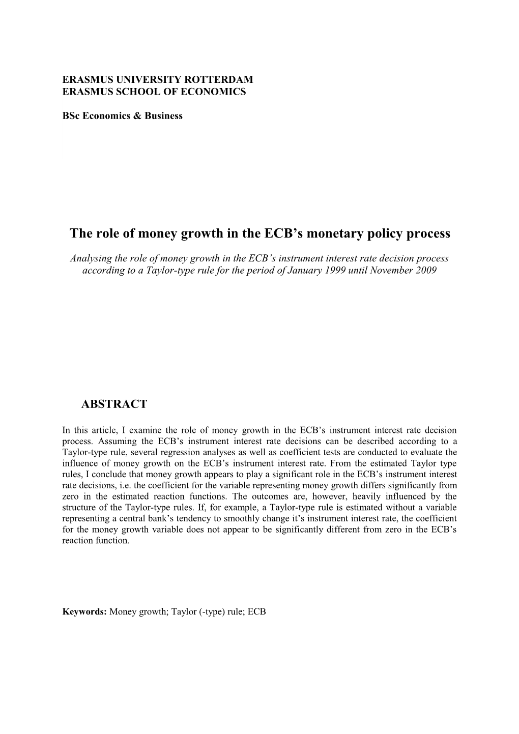 The Role of Money Growth in the ECB S Monetary Policy Process