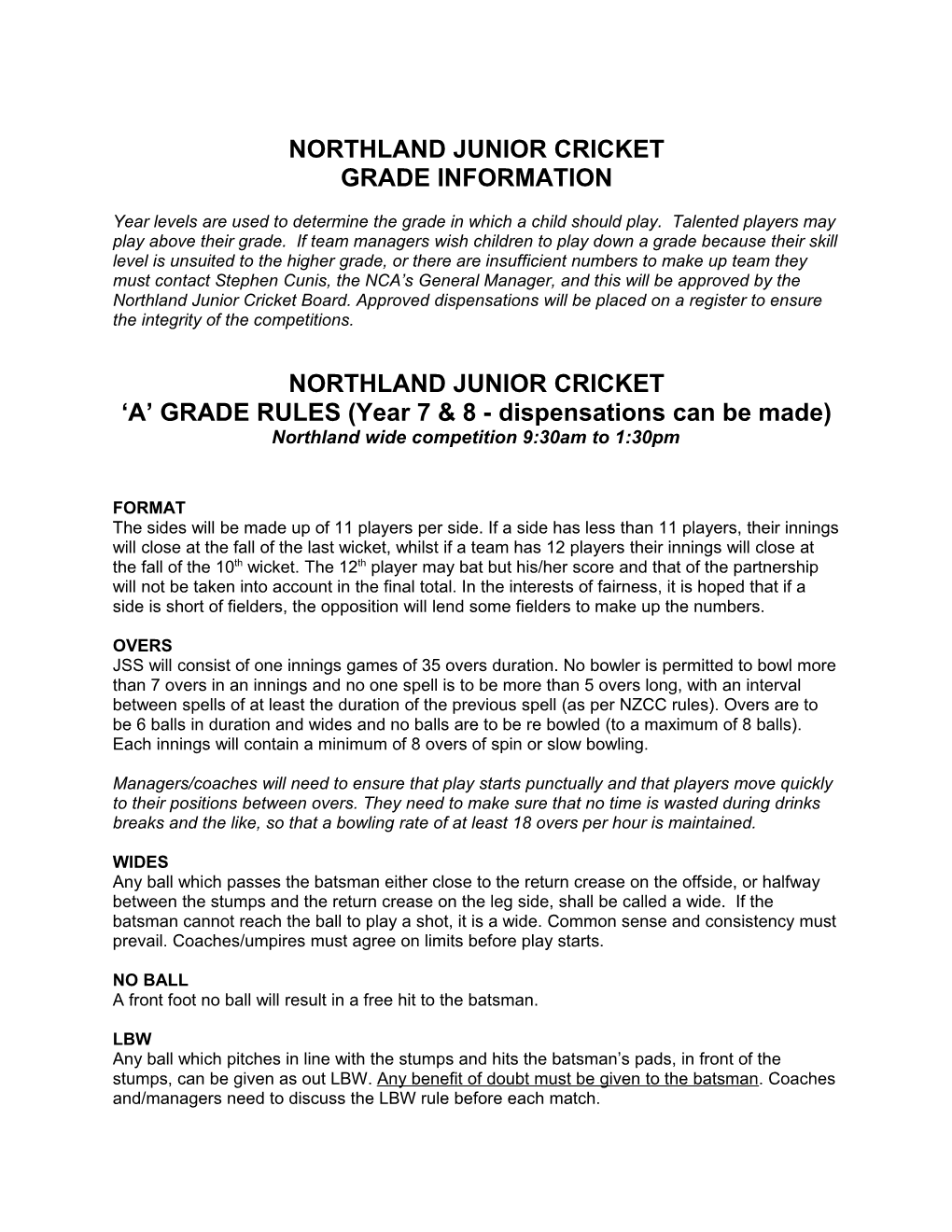 Northland Cricket Player Safety Regulations