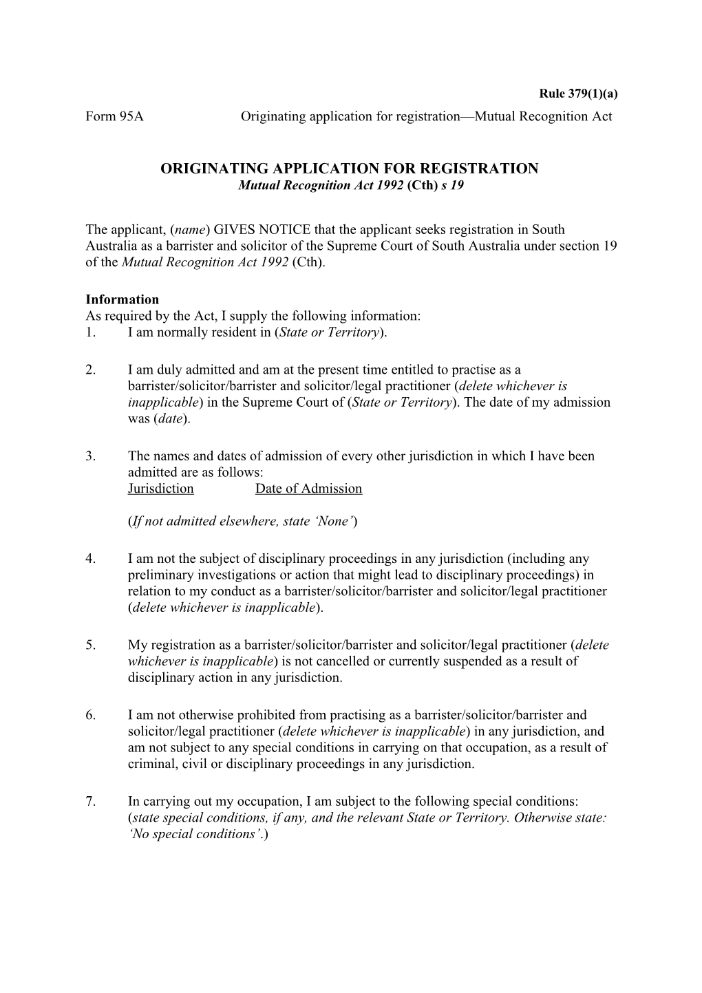 Form 95A - Originating Application for Registration - Mutual Recognition Act