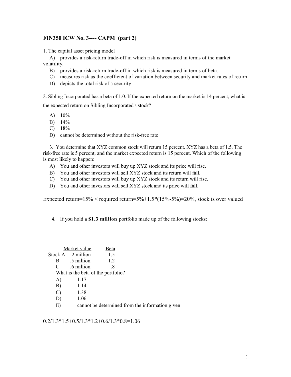 FIN350 ICW No. 3 CAPM (Part 2)