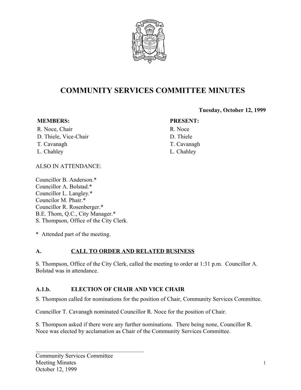 Minutes for Community Services Committee October 12, 1999 Meeting