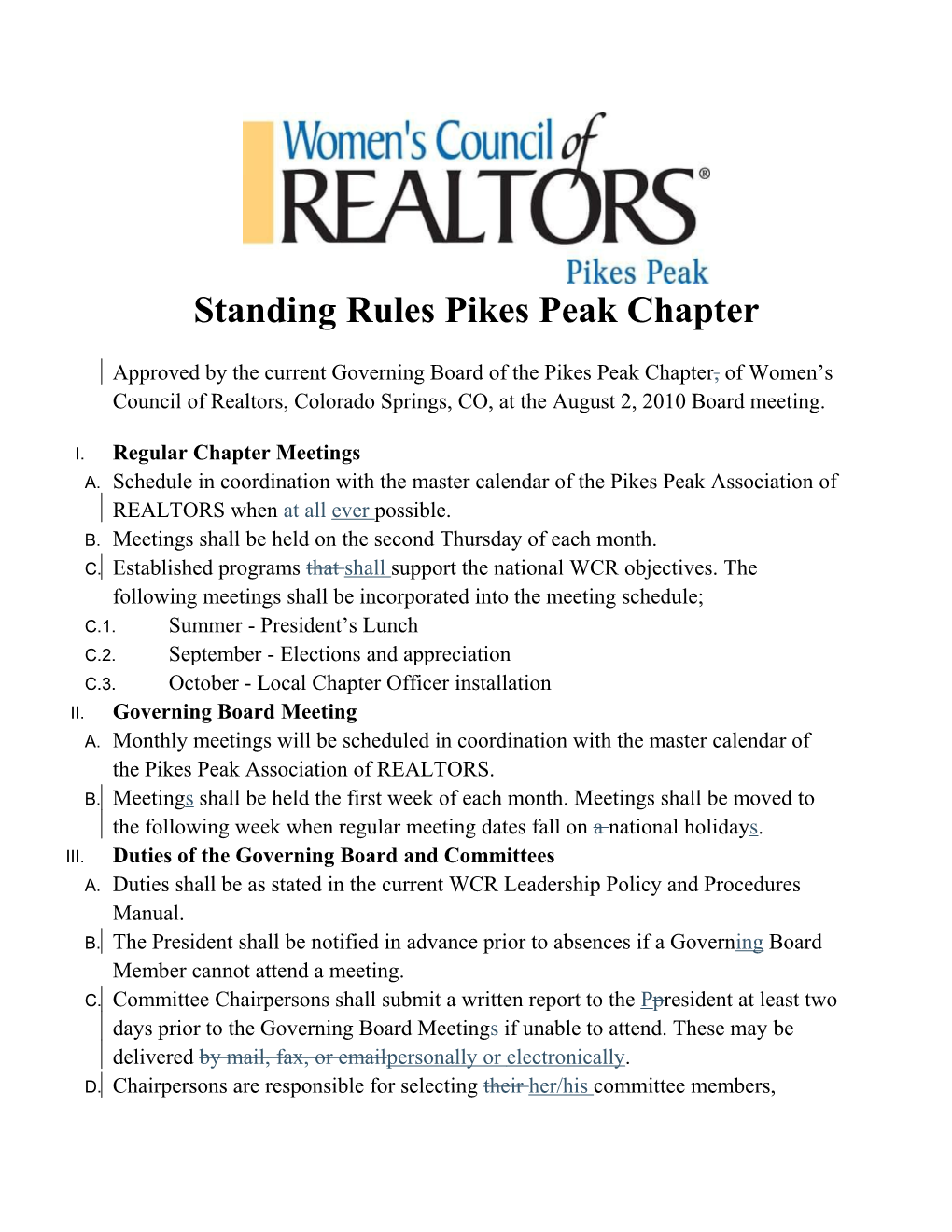 Standing Rules Pikes Peak Chapter