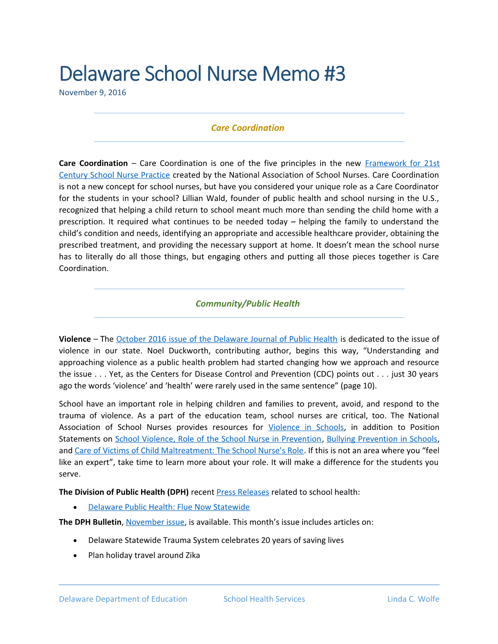 Delaware School Nurse Memo #3