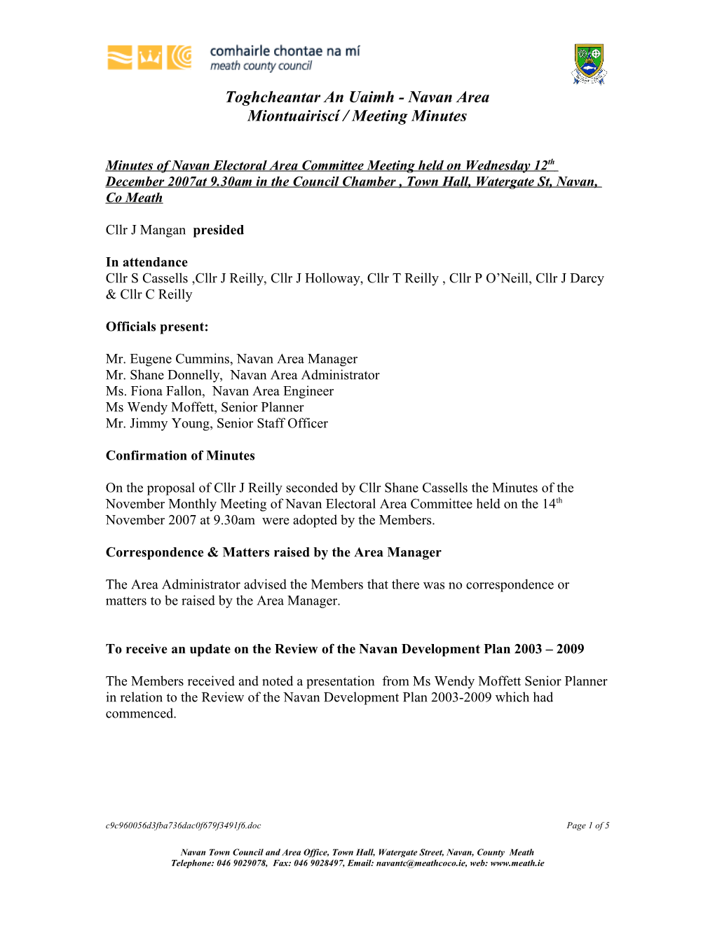 Minutes of Navan Electoral Area Committee Meeting Held on Wednesday 12Th December 2007At 9