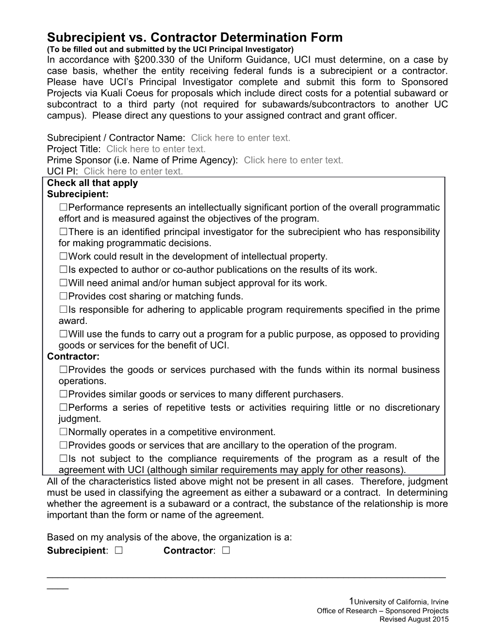 Subrecipient Vs. Contractor Determination Form