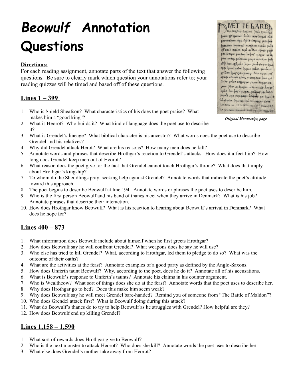 Beowulf Annotation Questions