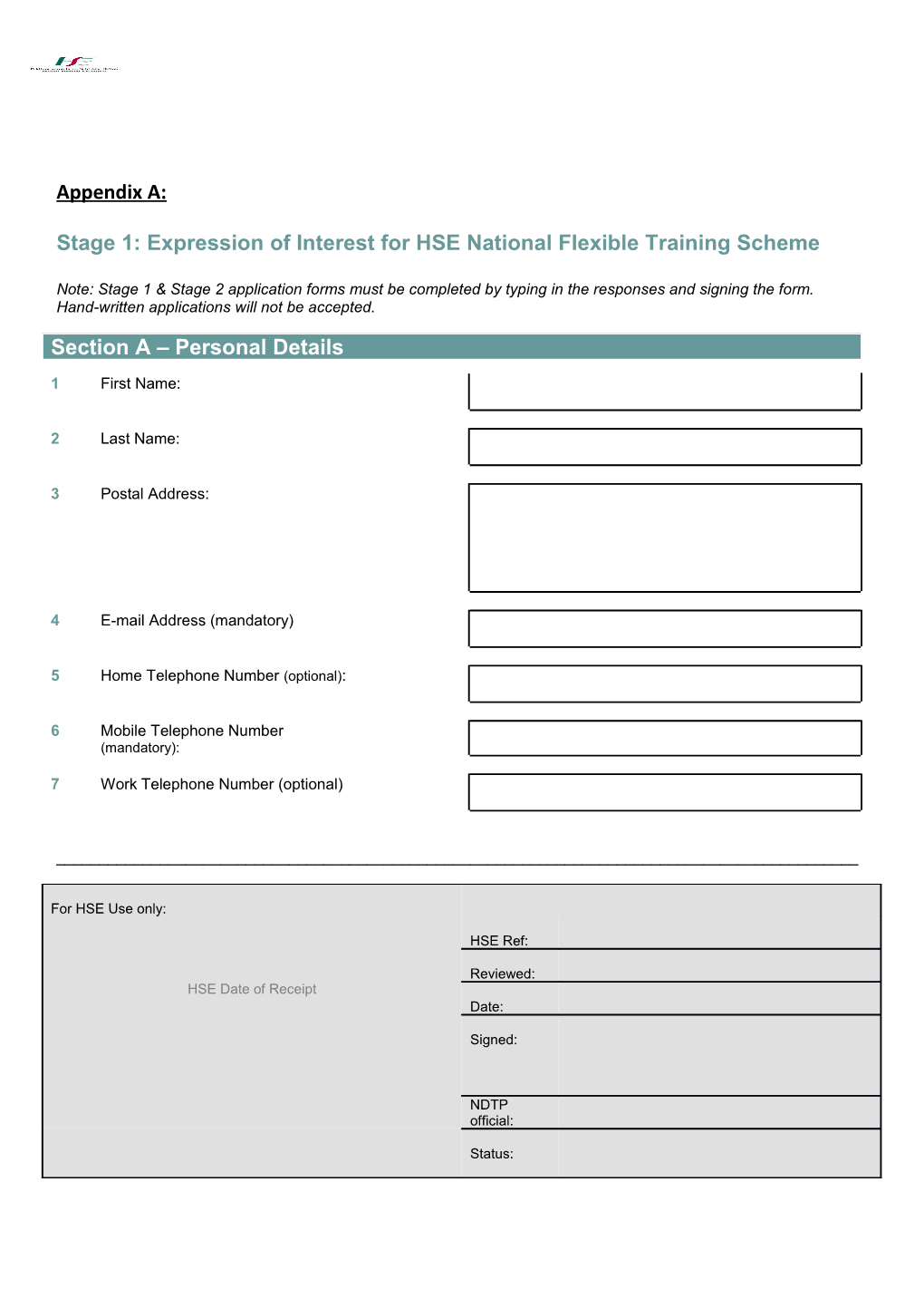 Stage 1: Expression of Interest for HSE National Flexible Training Scheme