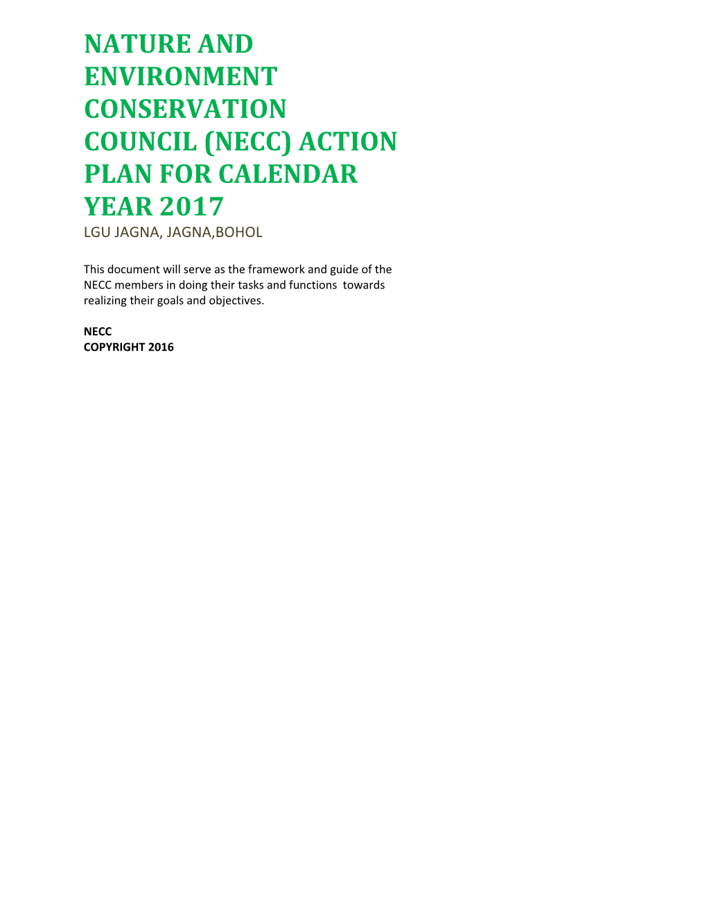 Nature and Environment Conservation Council (Necc) Action Plan for Calendar Year 2017