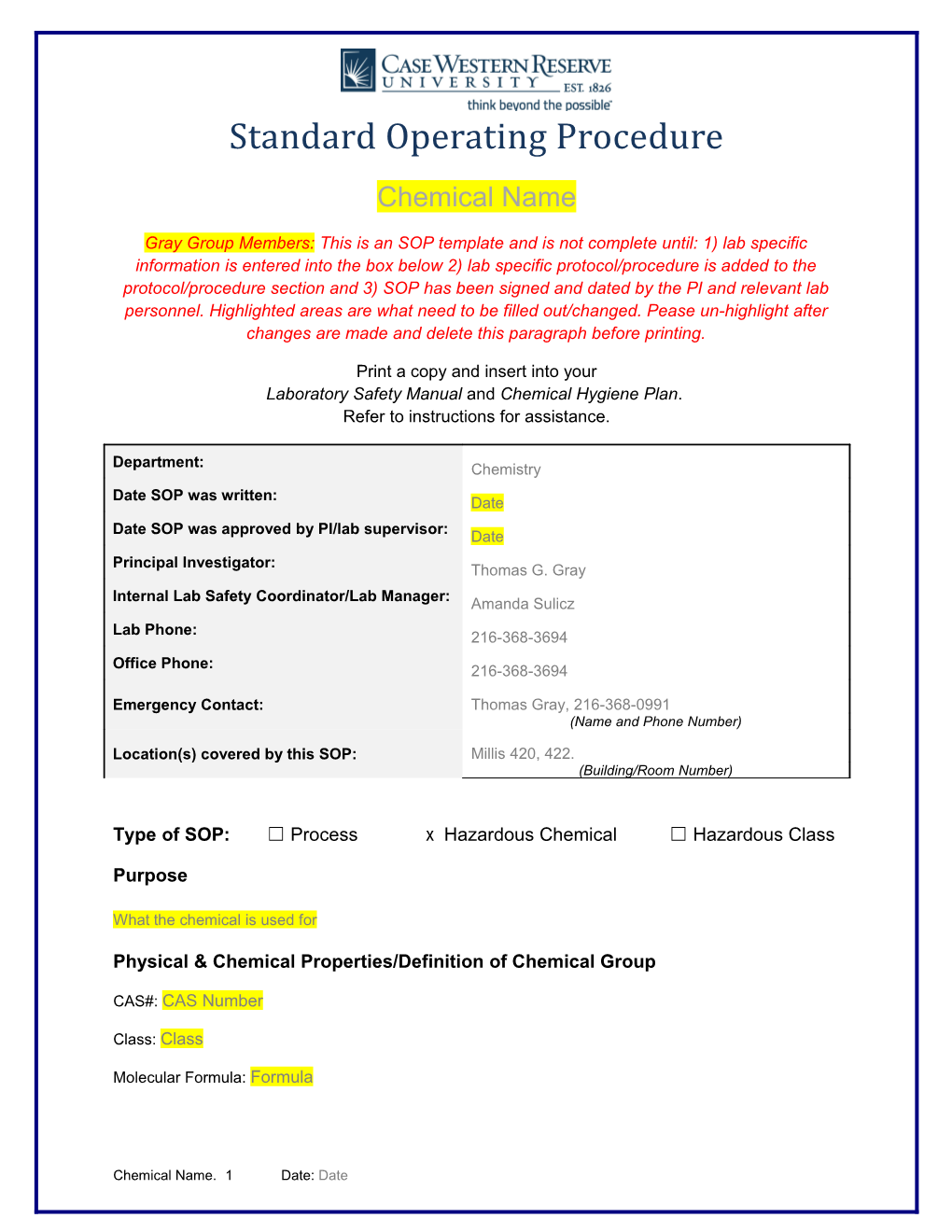 Type of SOP: Process X Hazardous Chemical Hazardous Class