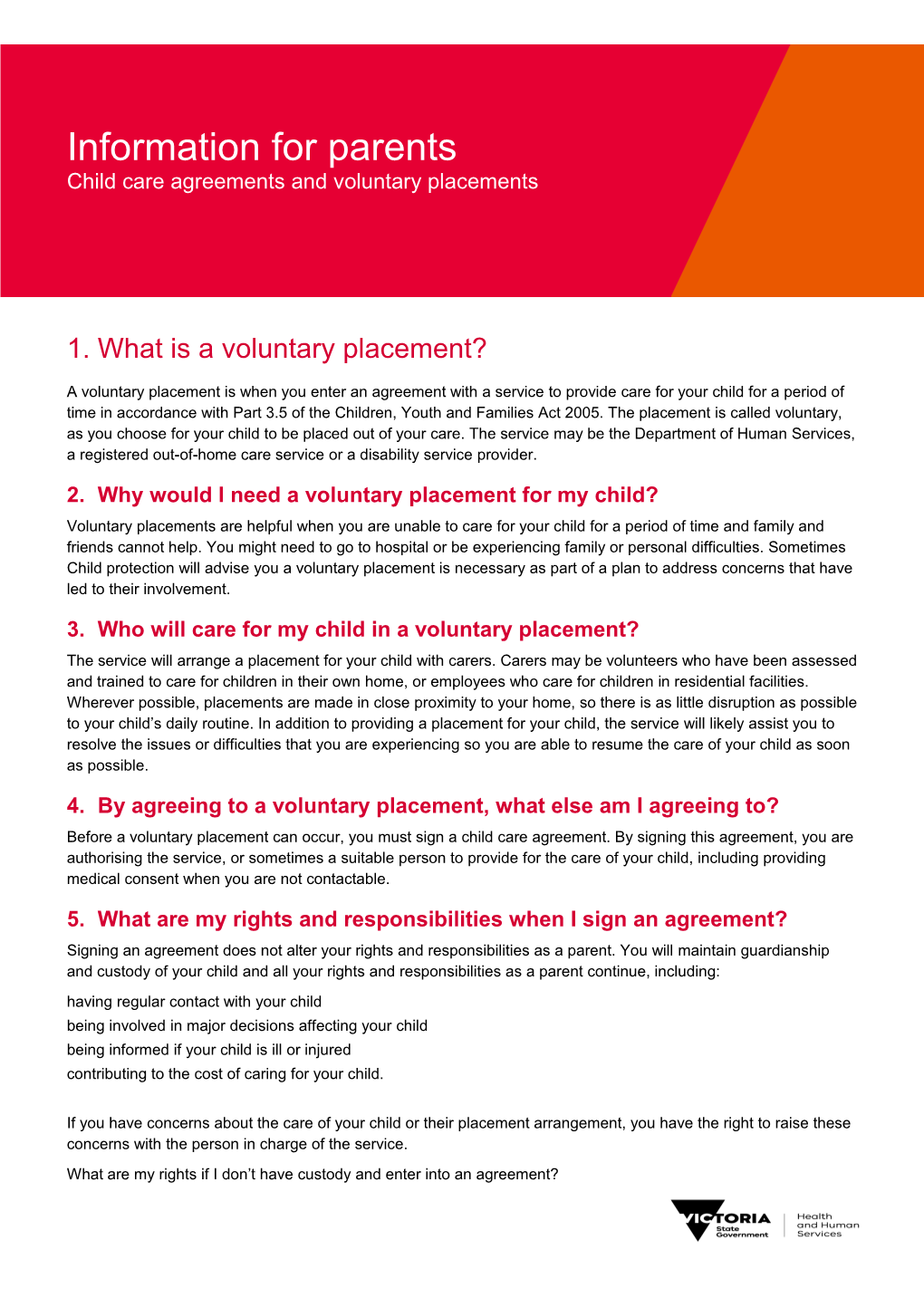 Information for Parents: Child Care Agreements and Voluntary Placements