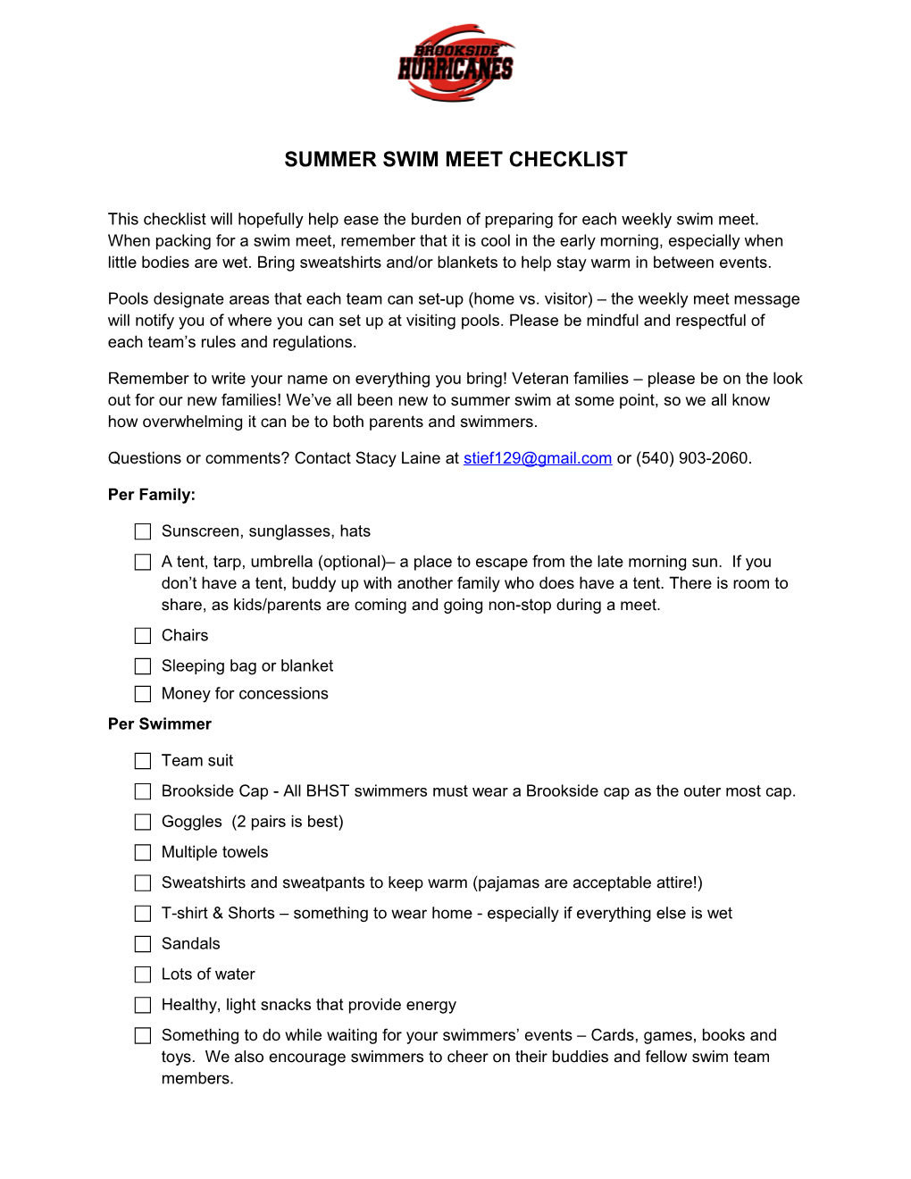 Summer Swim Meet Checklist