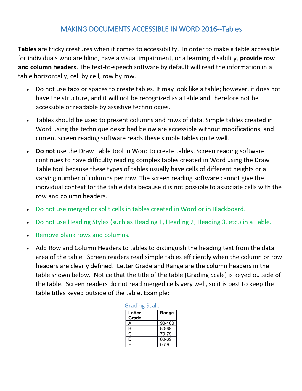 MAKING DOCUMENTS ACCESSIBLE in WORD 2016 Tables