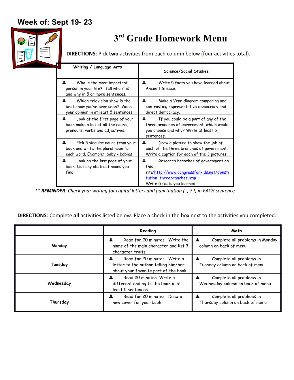 3Rd Grade Homework Menu