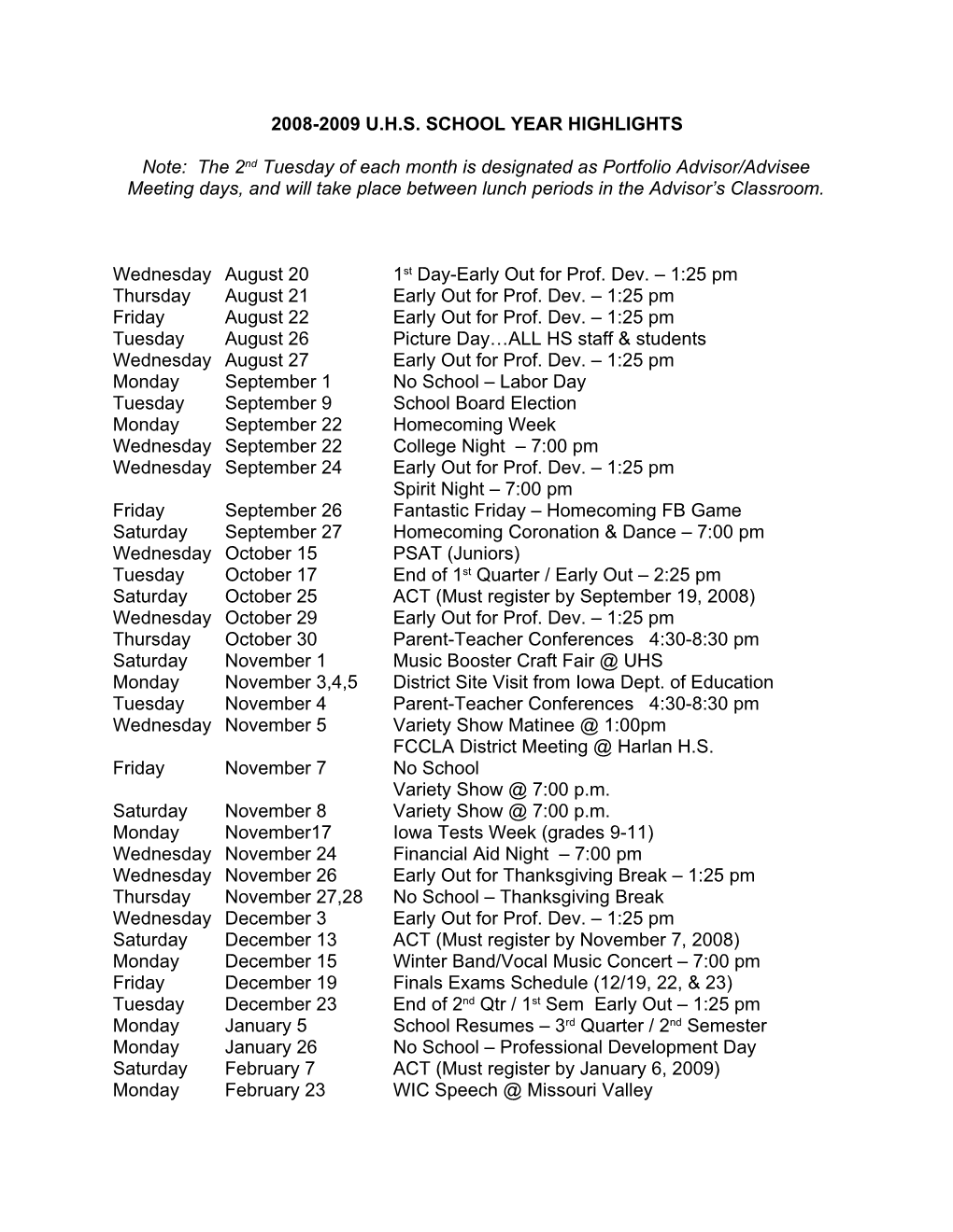 2008-2009 U.H.S. School Year Highlights