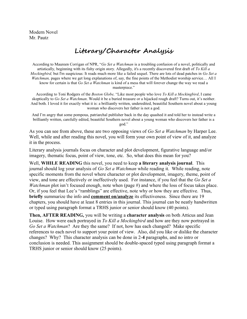 Literary/Character Analysis