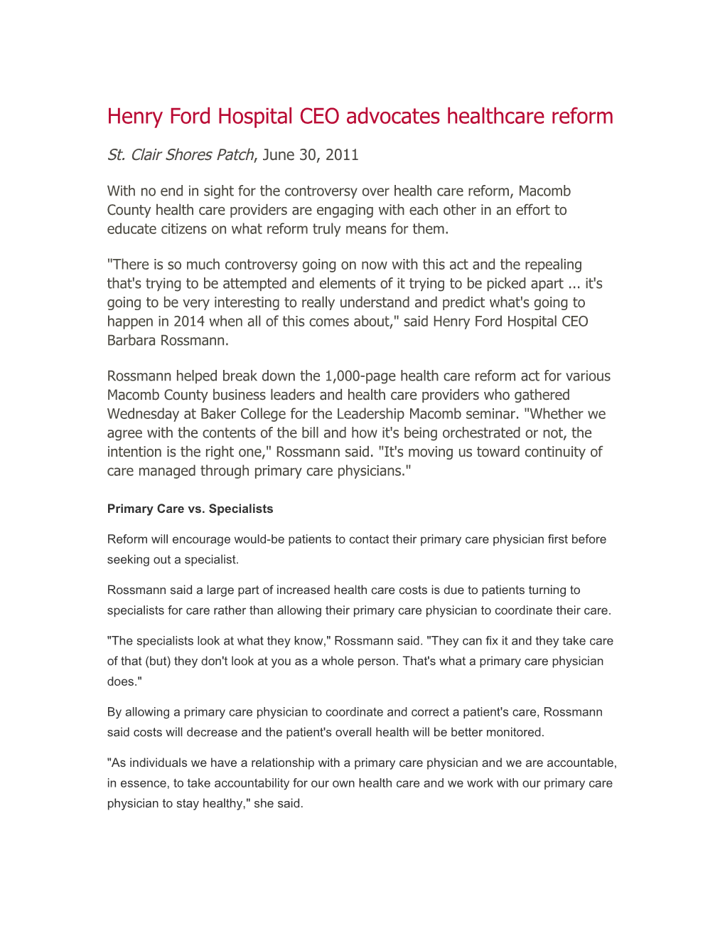 Henry Ford Hospital CEO Advocates Healthcare Reform