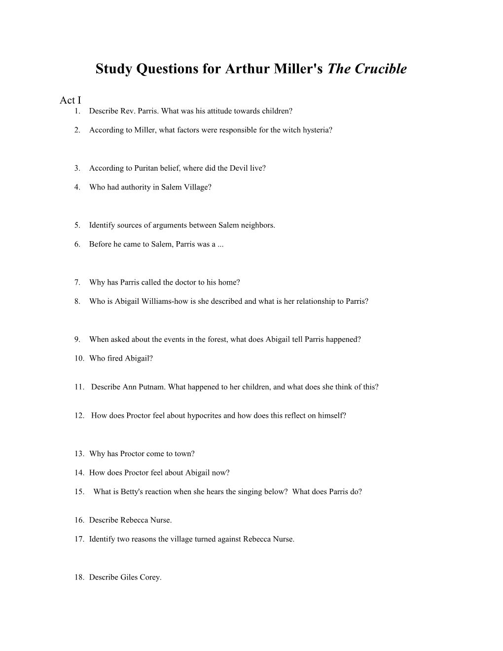 Study Questions for Arthur Miller's the Crucible