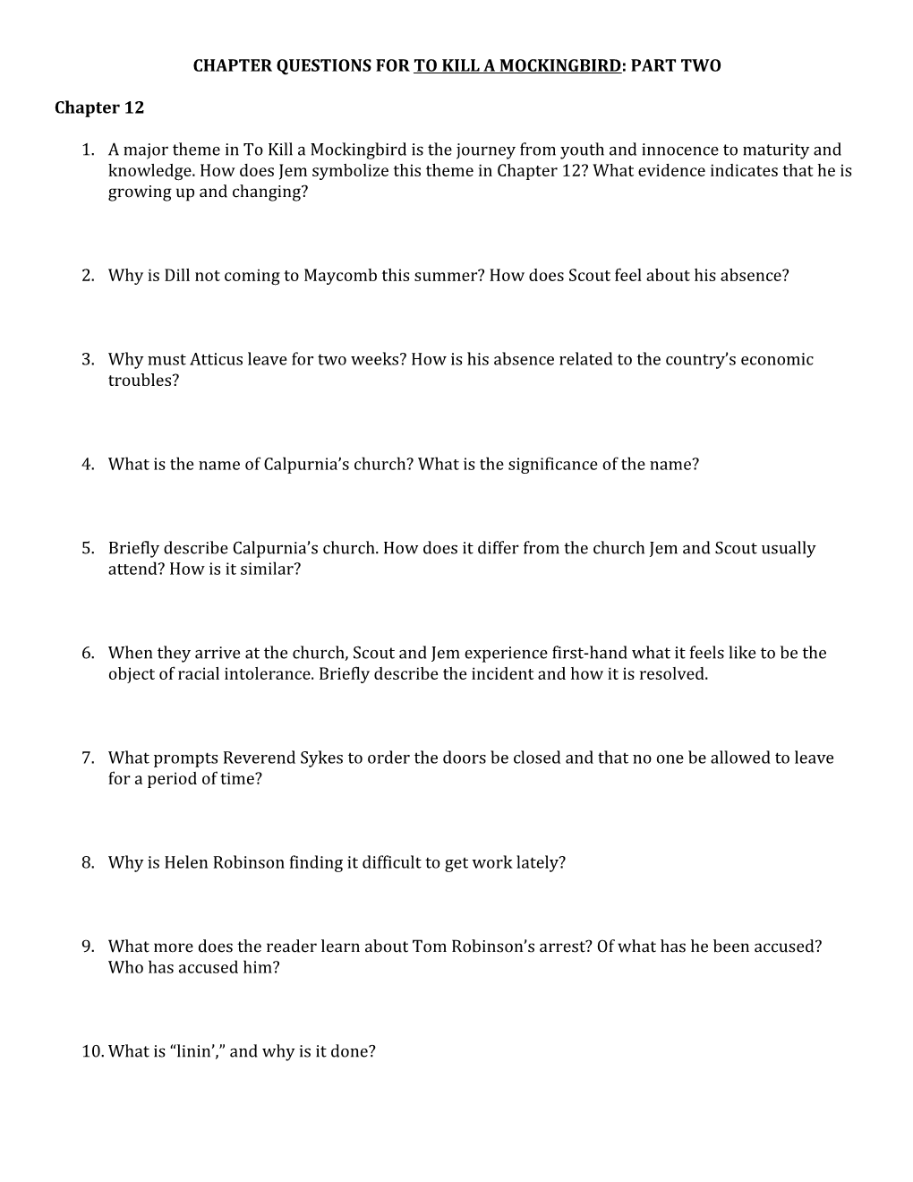 Chapter Questions for to Kill a Mockingbird: Part Two