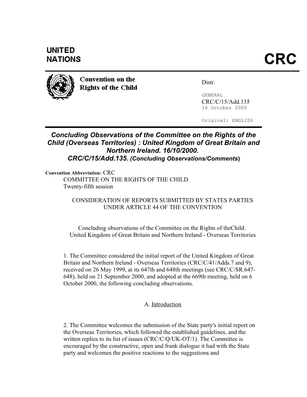 Concluding Observations of the Committee on the Rights of the Child (Overseas Territories)