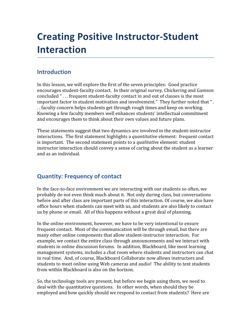 Creating Positive Instructor-Student Interaction