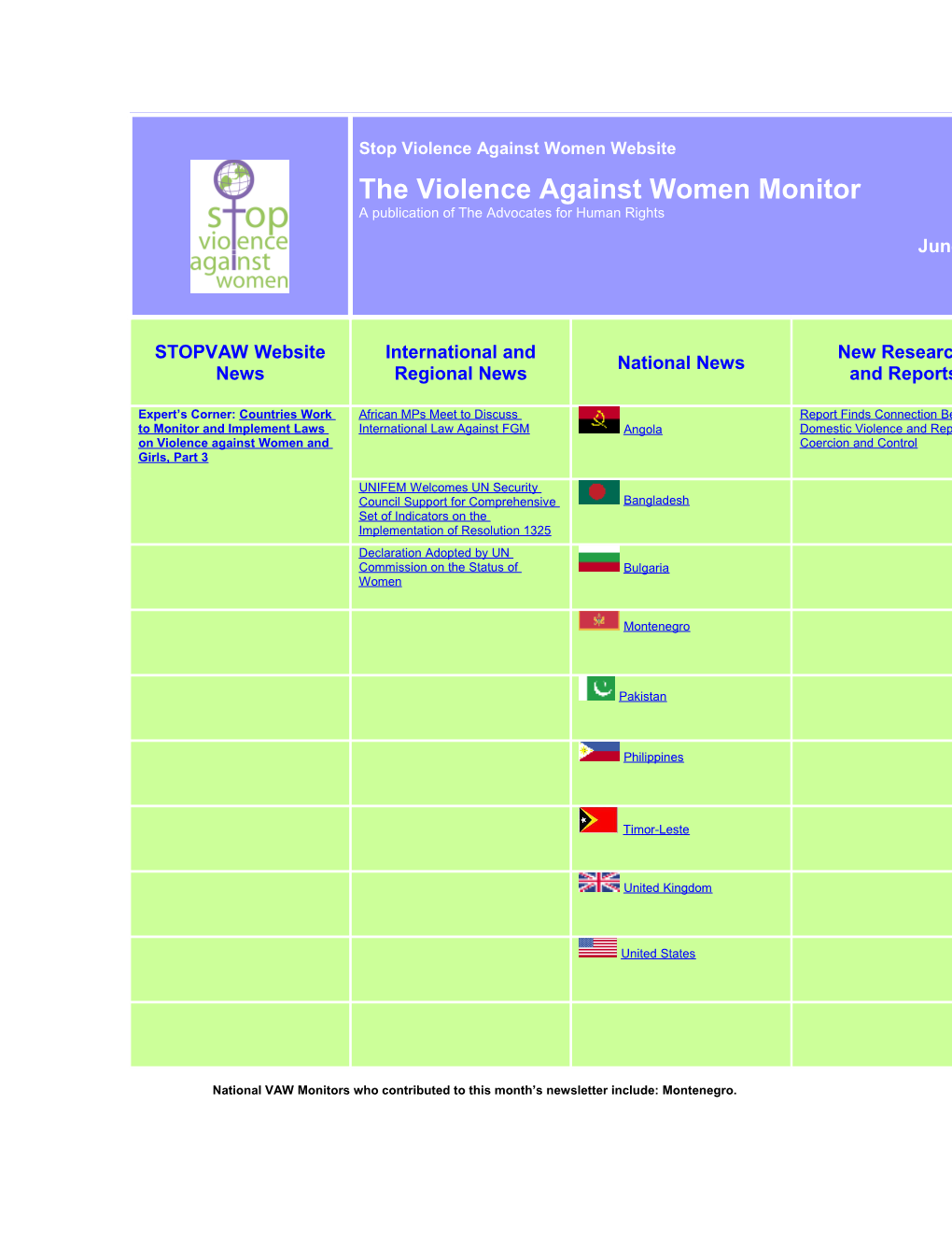 National VAW Monitors Who Contributed to This Month S Newsletter Include: Montenegro
